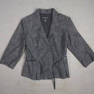 Larry Levine Stretch Women's Gray Plaid Blazer Jacket Belted 3/4 Sleeve Size L